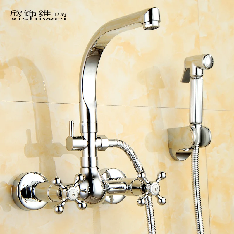 

Basin Faucets Multifunction Double Handle 360 Degree Rotate Bathroom Mixers Wall Mounted Washbasin Faucet With Nozzle YD-863