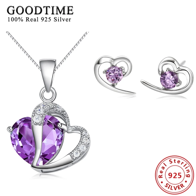 Silver Jewelry Romantic Fashion Luxury 925 Sterling Silver Jewelry Sets For Women Purple Heart CZ Wedding Necklace/Stud Earrings