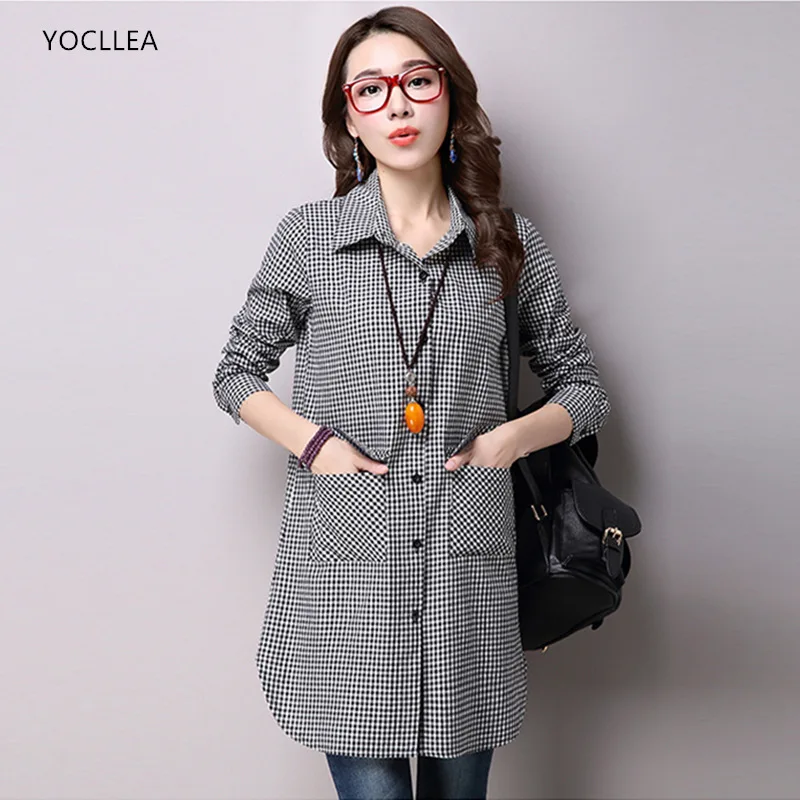 

Women Blouses Long girl blouse Long sleeve Casual Plaid shirts Camisas Femininas Female Tops Fashion Cotton shirt Summer Autumn