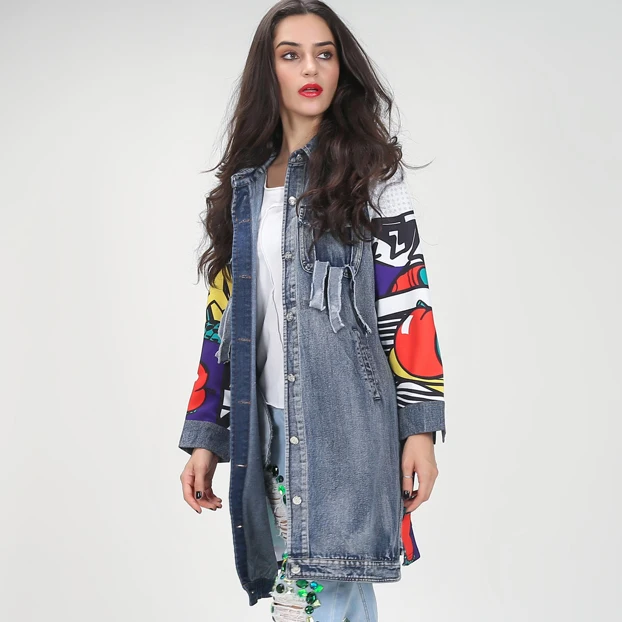 2016 Autumn New Graffiti Print Spliced Denim Coat Pockets