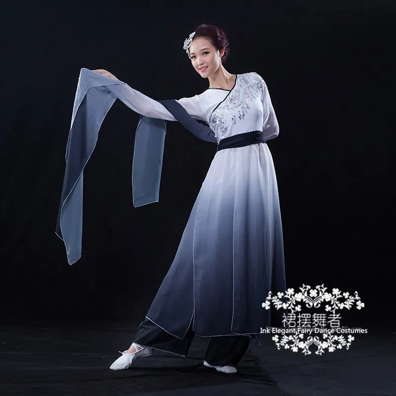 chinese long sleeves dance costumes black and white gradient color water sleeves Poetry ink Classical dance fairy costume