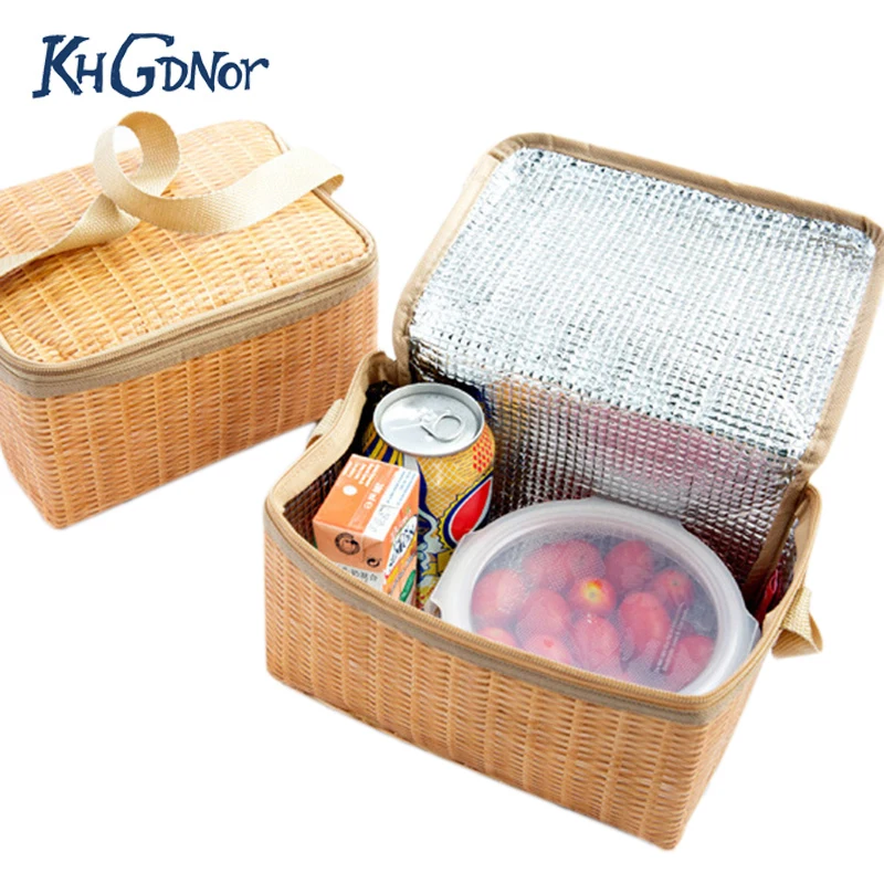 

KHGDNOR Insulated Thermal Lunch Box Portable Imitation Rattan Lunch Bag Picnic Food Container Bento Box Bag