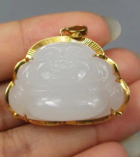 

ddh001424 happy buddha Hetian white smiling jade jadeite necklace pendant emerald 18k gold