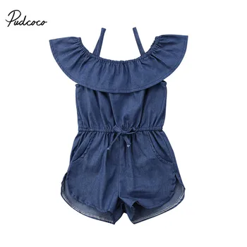

2018 Newborn Kids Baby Girls Strap Denim Ruffles Off Shoulder Romper Overalls Summer Jumpsuit Playsuit Children Girls Clothes