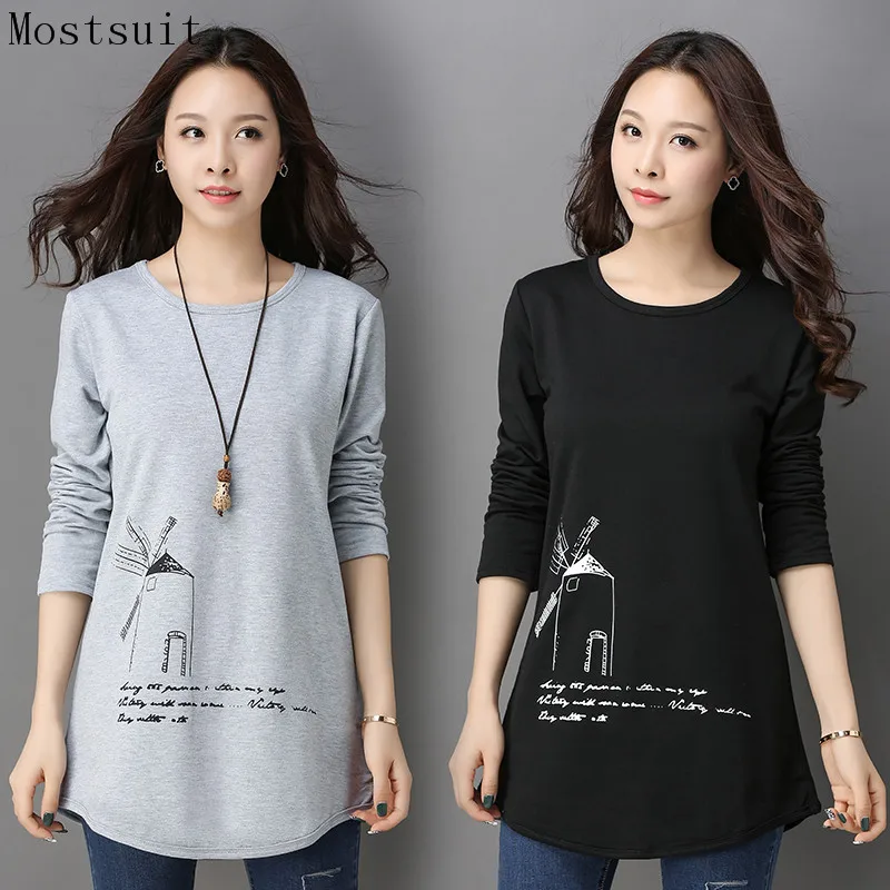 

M-4xl 2018 Casual Cotton T-shirt Women Autumn Printed Long Sleeve O-neck T Shirts Harajuku Spring Plus Size Long Tees Tops