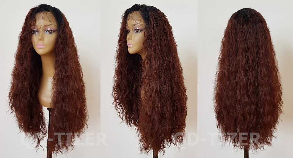 QD-Tizer Long Loose Curly Hair Two Tone Ombre Lace Front Wigs Glueless #33 Color Synthetic Lace Front Wig for Women5
