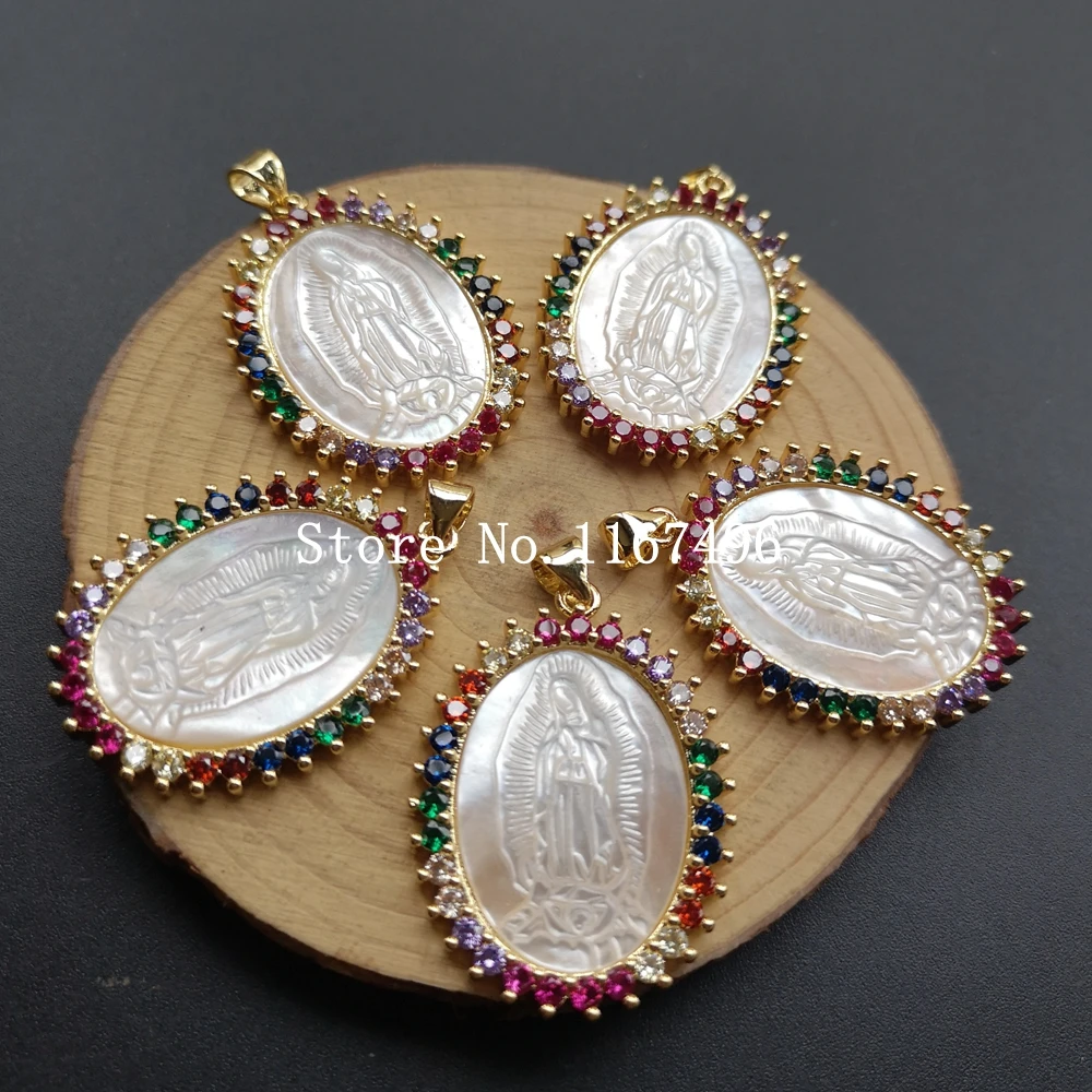 

60pcs/lot 2019 Hot Sale Natural Virgin of Guadalupe Mother Pearl Shell Pendant for DIY Jewelry Virgin Madonna Charms for Gift