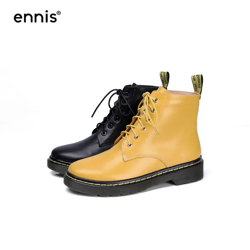 

ENNIS 2019 Autumn Winter Martin Boots Women Lace Up Ankle Boots Genuine Leather Platform Boots Round Toe Flat Yellow Shoes A9105