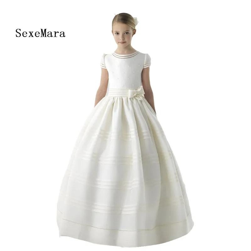 

New Real Picture Flower Girl Dress 2018 First Communion Dresses For Girls Short Sleeve Belt Customized Girls Dresses