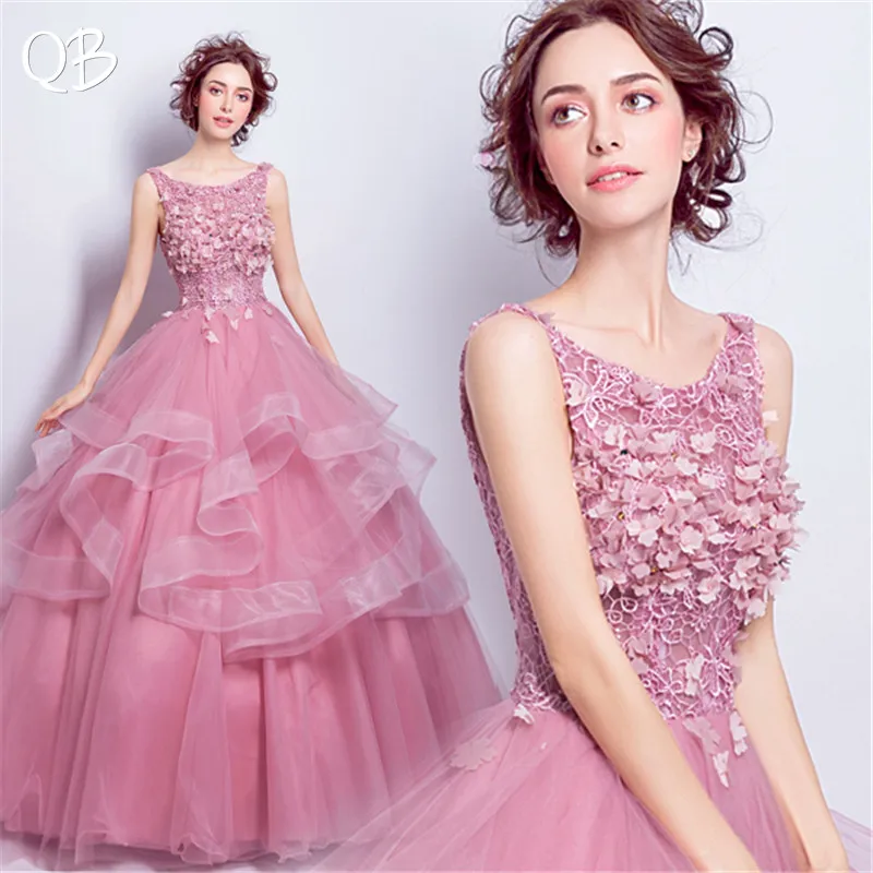 

Pink Ball Gown Fluffy Tulle Lace Flowers Appliques Luxury Evening Dresses 2019 New Fashion Bride Party Prom Dress XH94