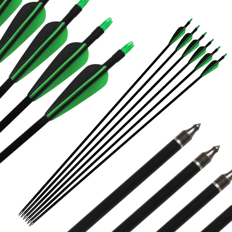 6pcs-80cm-Length-Replaceable-Arrowhead-Target-Practice-Steel-Point-Green-Black-Feather-Archery-Fiberglass-Arrows-with