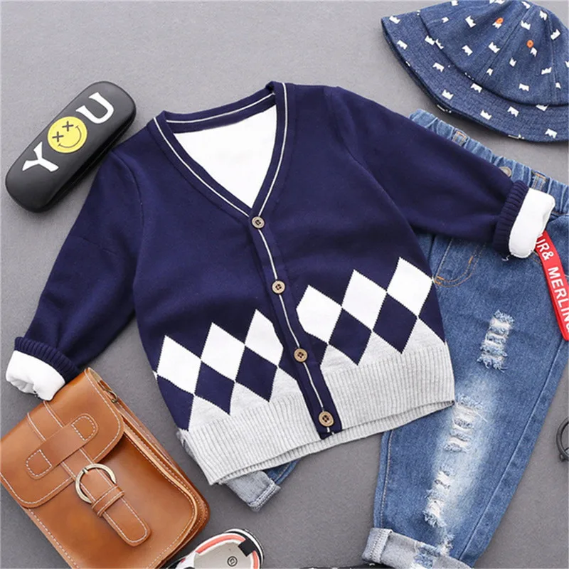 

2019 New Autumn Boy's V-Neck Sweater Baby boy Knitting Cardigan Kids' Casual Sweater Plaid Cotton Teenager's Sweater Coat tops