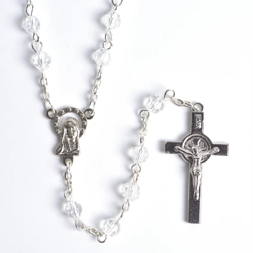 

Fashion Round Small Size Transparent Faceted Crystal Beads St Benedict Rosary Necklace