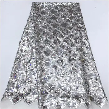 

Silver Sequins Lace Fabric 2019 High Quality African Evening Dress Fabrics New Nigeria Sequined Embroidered Mesh Net Lace Fabric