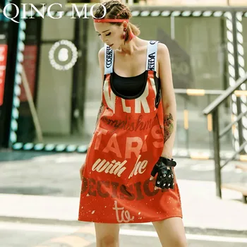 

QING MO Women Red Letter Print Sleeveless Dress 2020 Summer Women Sexy Off Back Dress Oversize Top ZQY1101