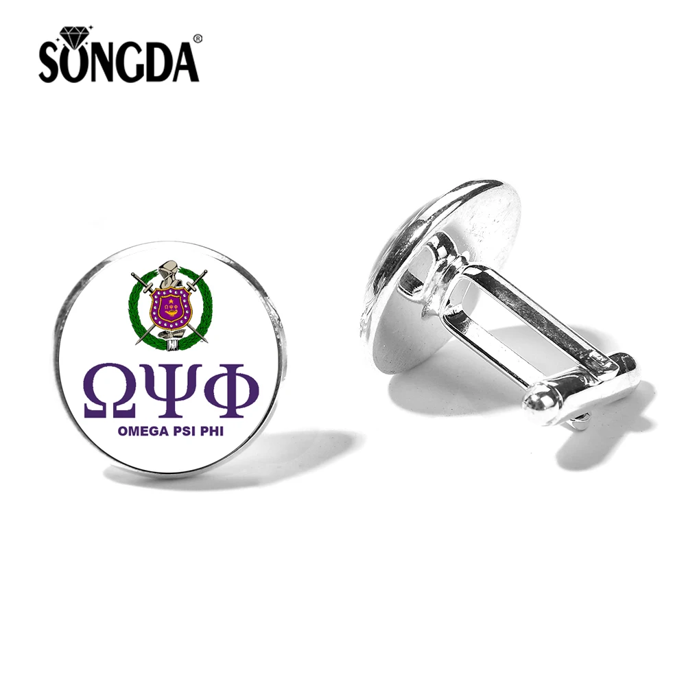 

SONGDA Omegaa Psi Phi Fraternity Greek Letters Cufflinks Team Members Symbol Handmade Glass Cabochon Cuff Links Fraternity Gift