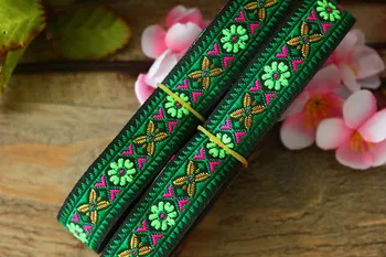 

wide 2cm 20yards/lot Polyester Woven Jacquard Ribbon black background green flowers for curtain and clothing accessory LS-2308