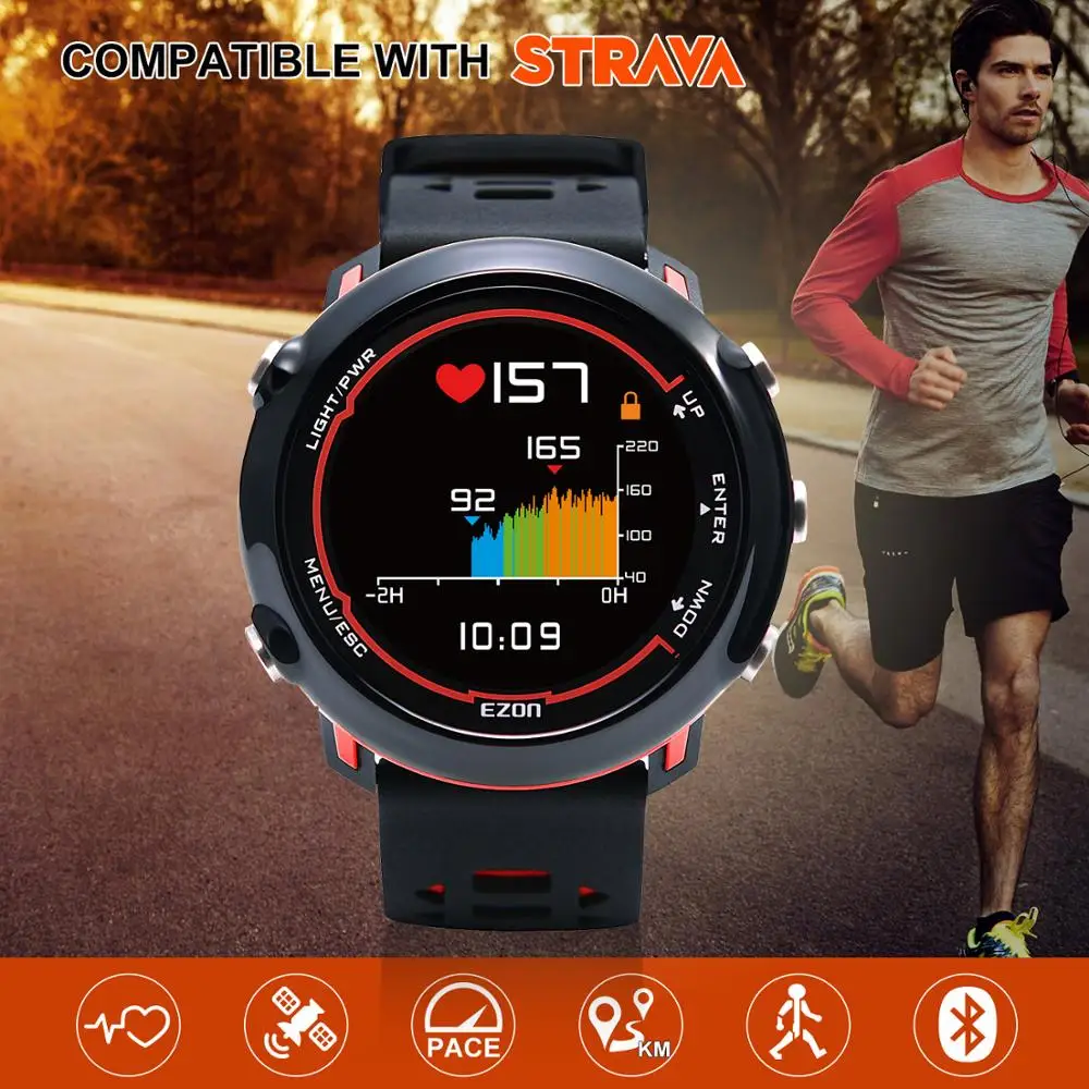 

Mens GPS Smart digital Watch with wrist-based heart rate and color display for outdoor Running Sports Digital Watches EZON E2