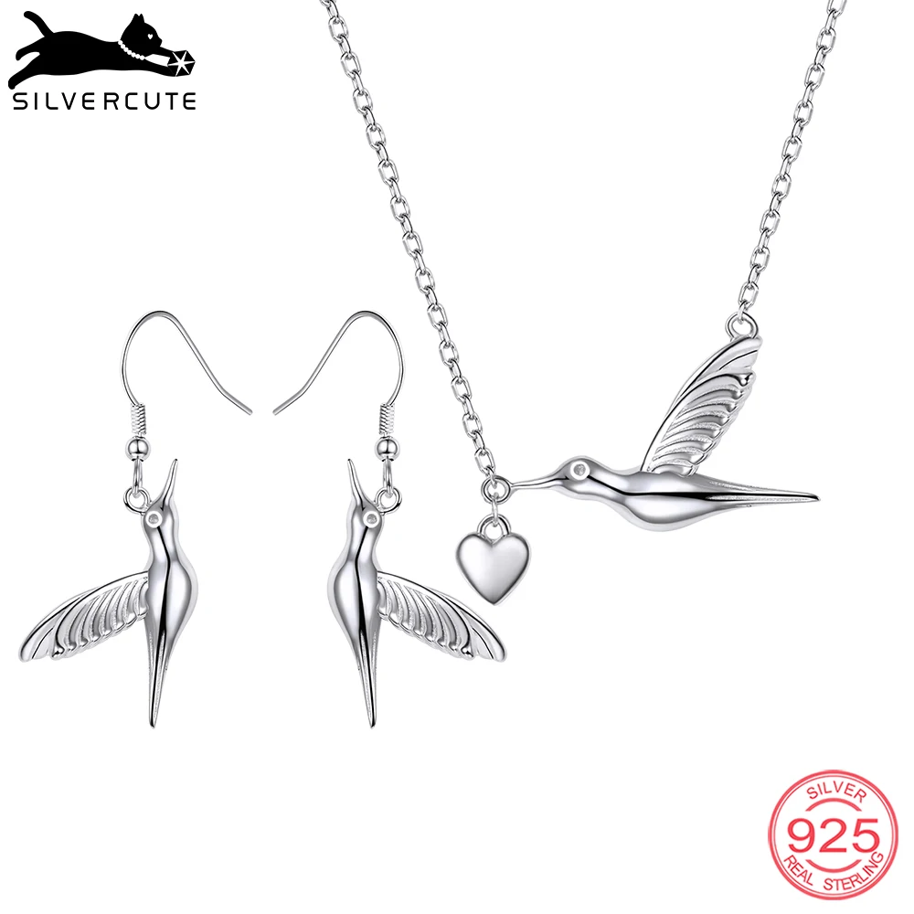 

SILVERCUTE 100% 925 Sterling Silver Jewelry Set parure bijoux femme Hummingbird/Trochilus Necklace Earrings For Woman SCPE6019B