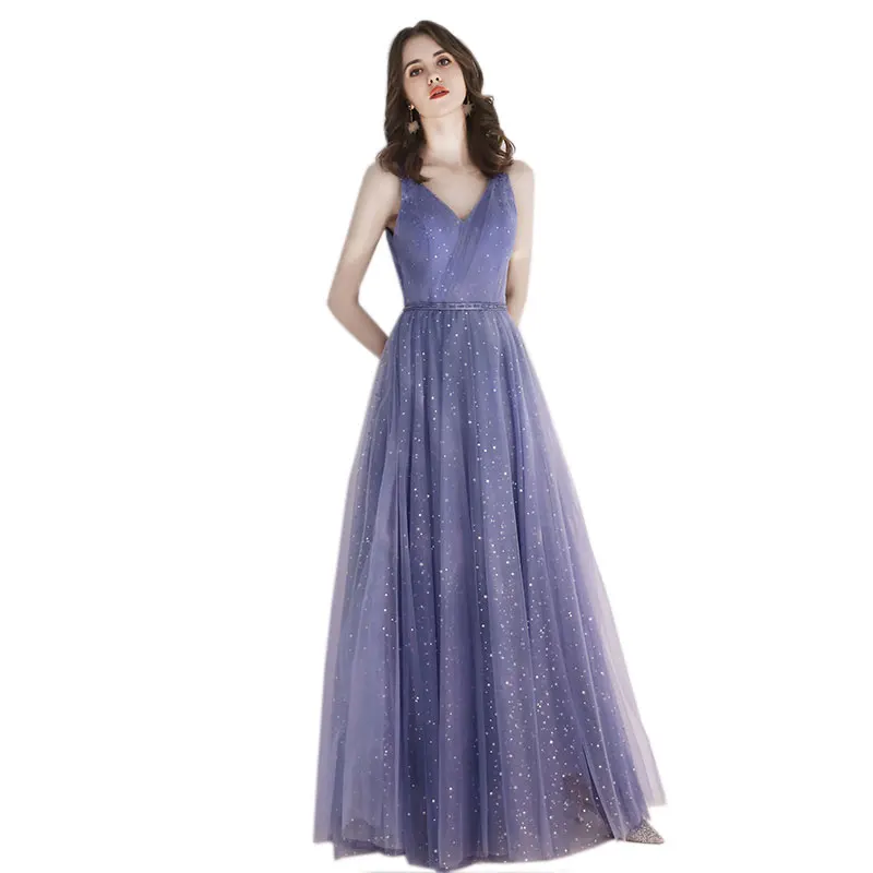 Sexy Spaghetti Straps Open V-Back Blue Evening Dresses Long 2019 New Elegant A-line Floor-Length Sequined Evening Gowns