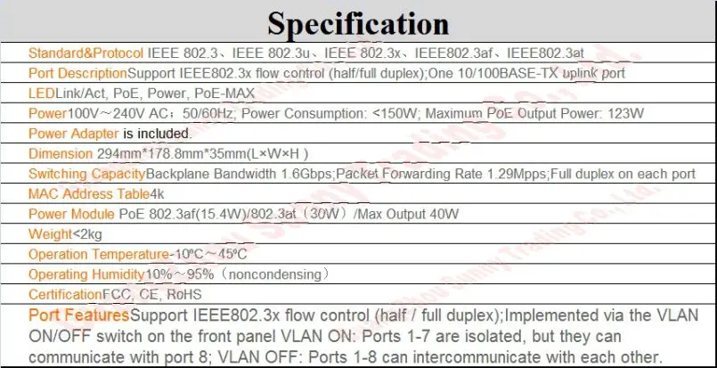 Максимальная poe-выход Мощность 123 W, 8 портов 8 poe 100 Мбит/с переключатель IEEE802.3af PoE костюм для всех видов poe камера или AP