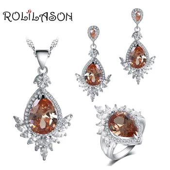 

ROLILASON Engagement gift For girlfriend champagne Cubic Zirconia Stamped Earrings Necklace Rings Jewelry Sets JS766