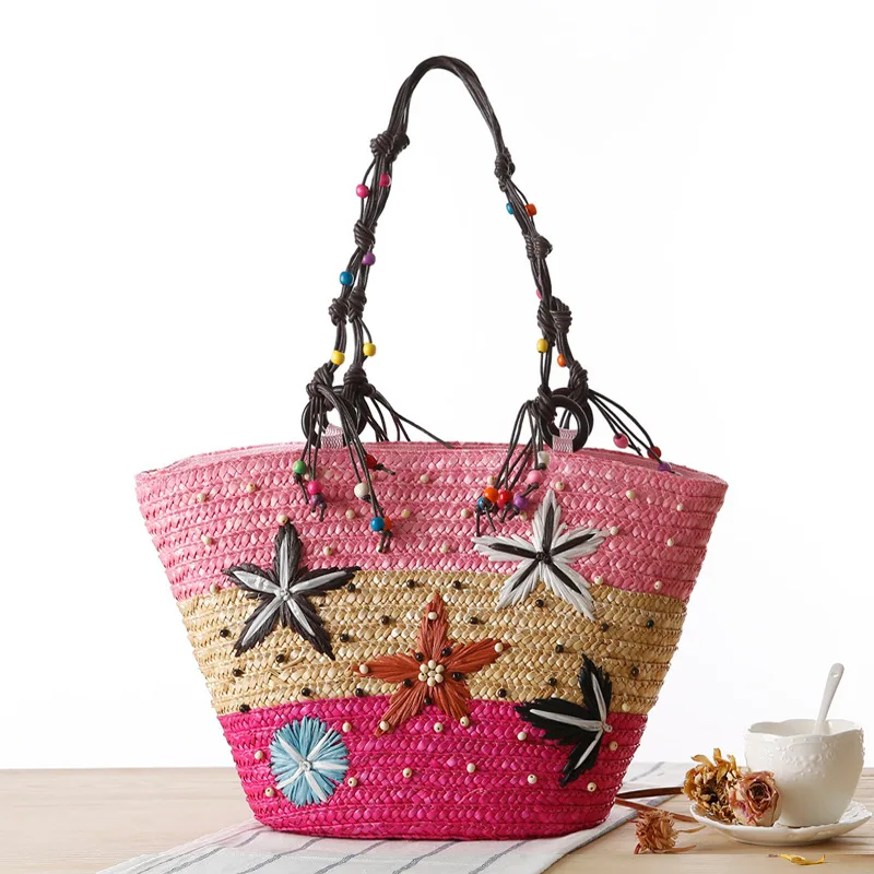 

Bohemia Handmade Starfish Straw Bag Summer Beaded Knit Bag Muliti Color Large Women Handbags with Zipper