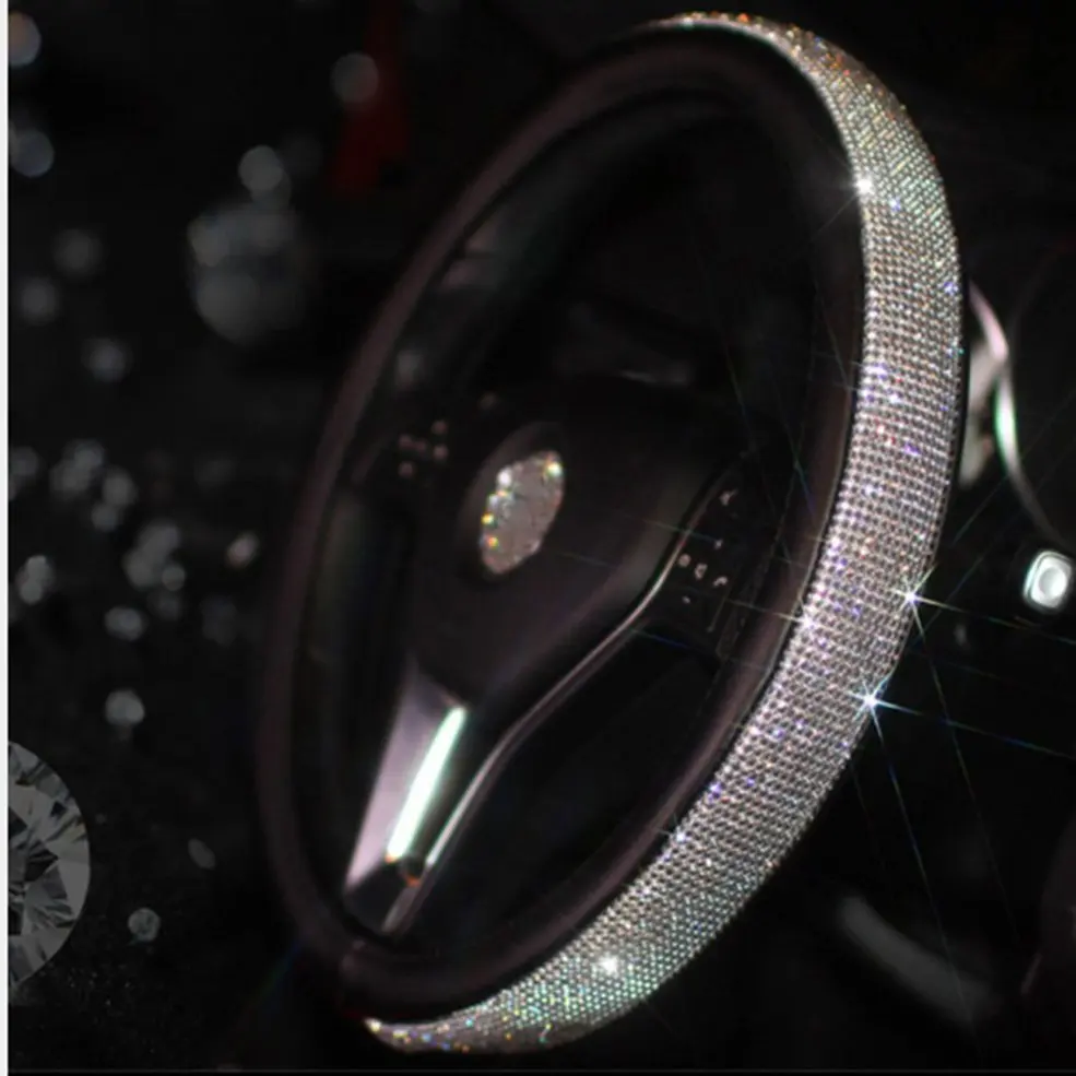 

Charming Elegant Girl Style Durable Leather With Beautiful Rhinestones 15 Inch Car Steering Wheel Cover