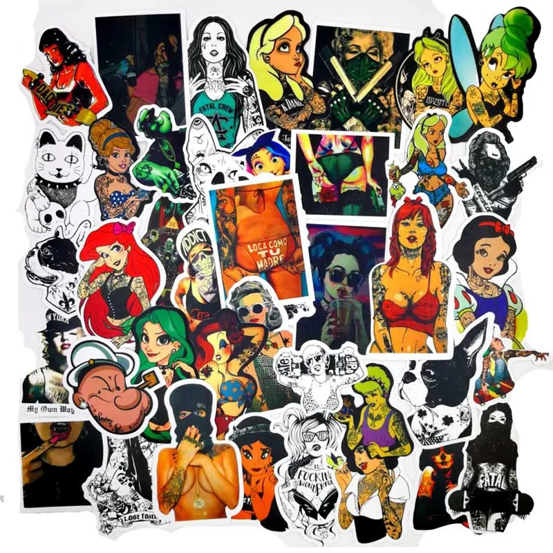 

47Pcs/lot No Repeat Personalized Tattoo Sexy Beauty Cartoon Cartoon Graffiti Stickers Suitcase Suitcase Guitar Car Stickers