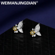 WEIMANJINGDIAN маленькая бабочка на цветке изысканный фианит, циркон, кристалл серьги гвоздики в розово-золотистый/серебристый