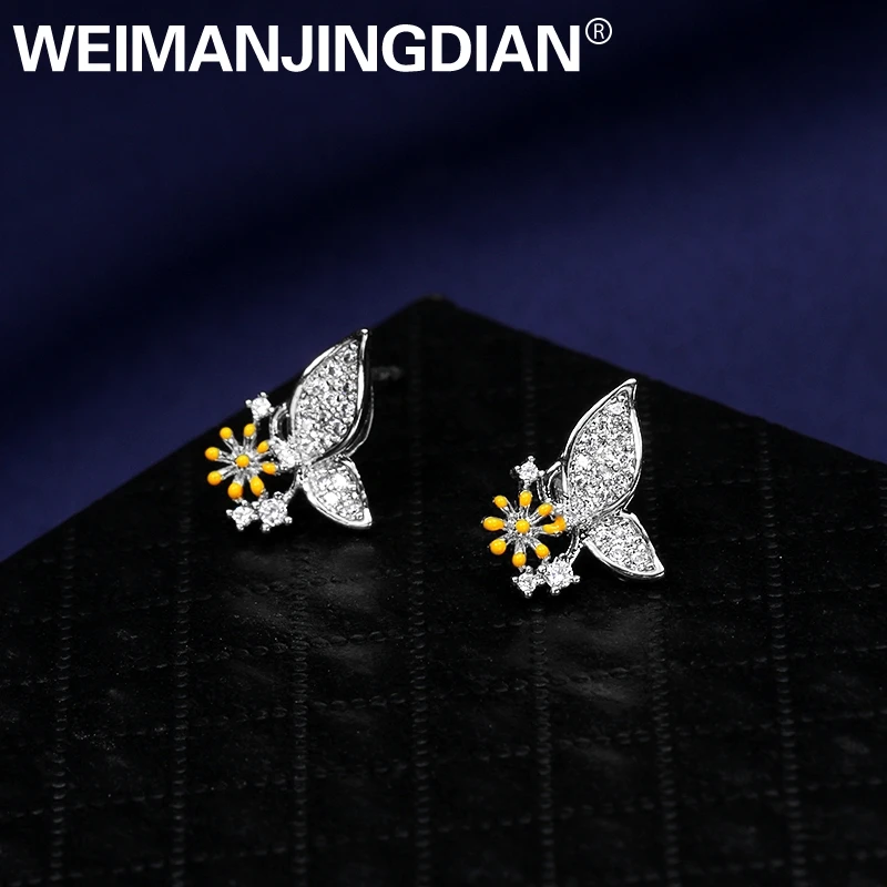 

WEIMANJINGDIAN Small Butterfly on Flower Exquisite Cubic Zirconia CZ Zircon Crystal Stud Earrings in Rose Gold / Silver Color