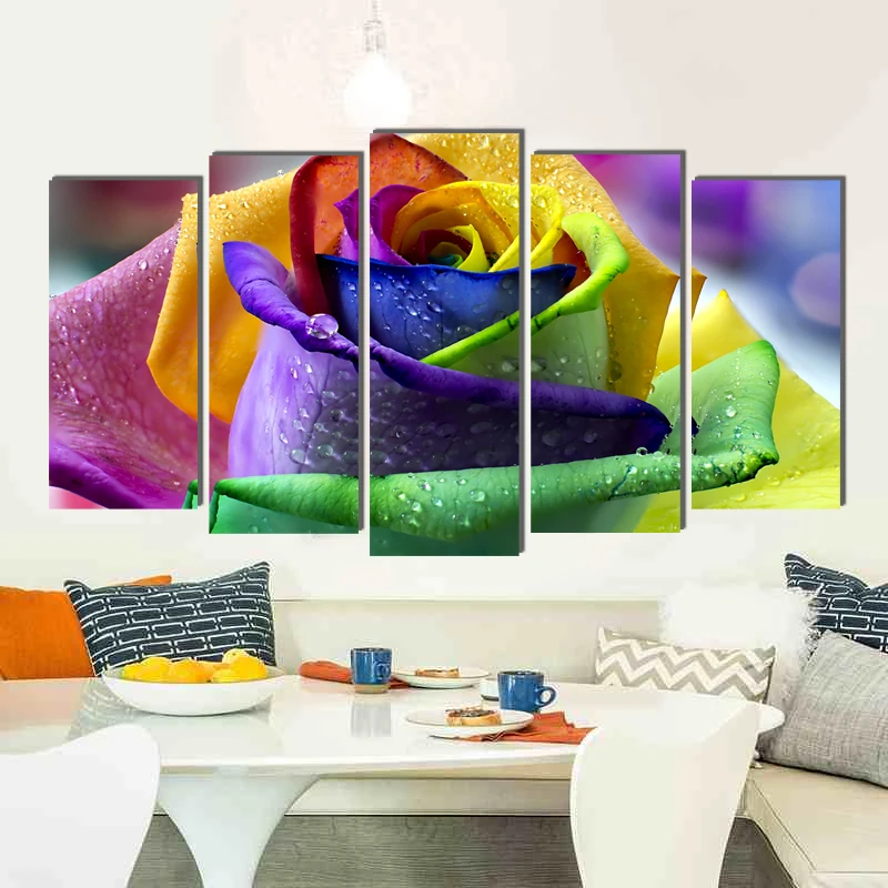 

Colorful rose flower attractive canvas painting creative art prints 5 psc modern wall pictures for living room lobby washroom