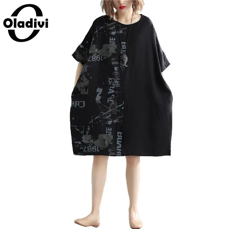 

Oladivi Oversized Apparel Women Plus Size Summer Patchwork Print Casual Shirt Dress Ladies Cotton Linen Dresses Female Vestidos
