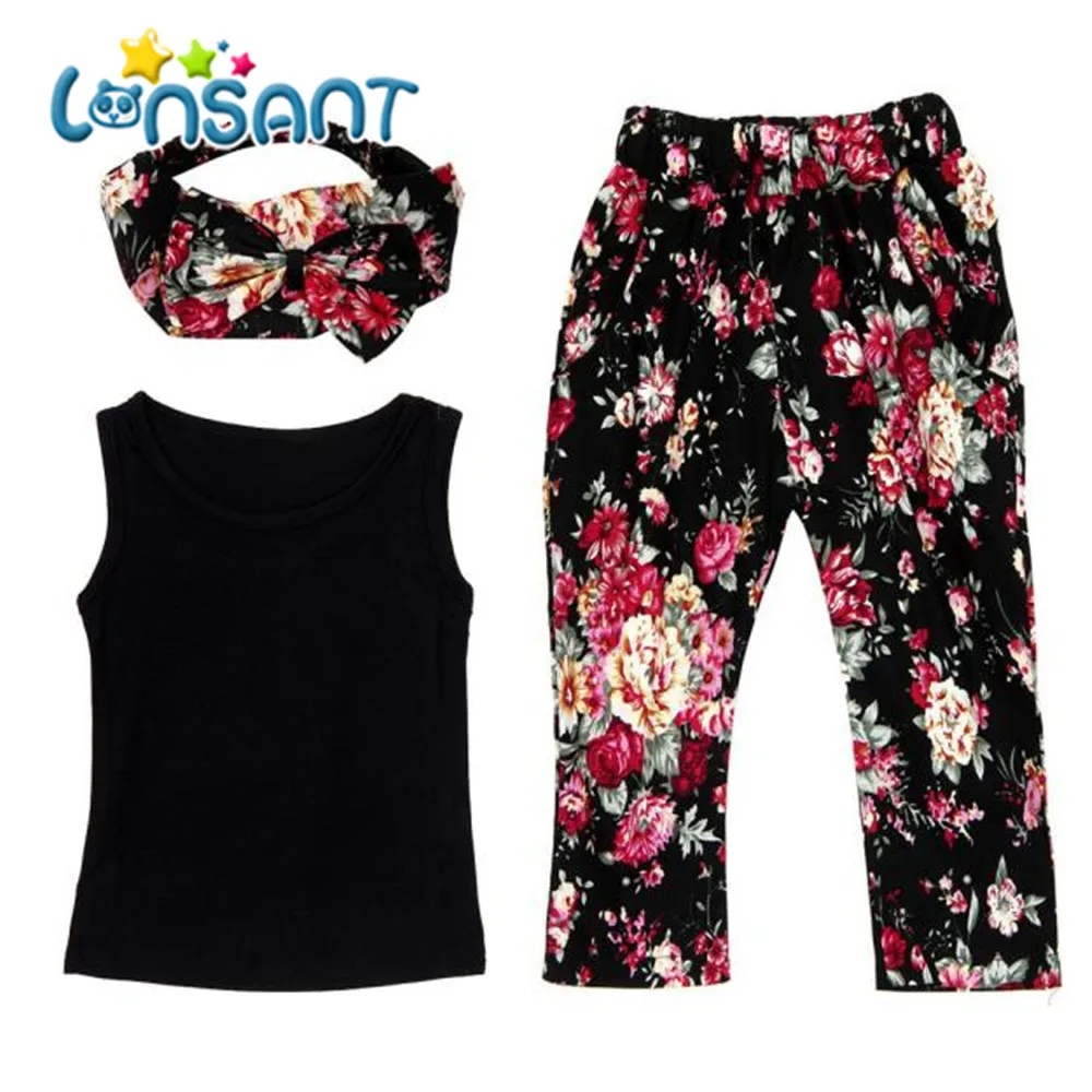 

LONSANT Fashion Baby Girls Sleeveless Short New 2018 Summer Shirt/Tops + Floral Pants + Hair Band Set Clothes