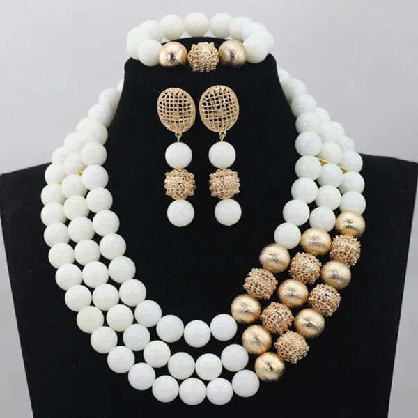Coral African Wedding Beads Jewelry Set White Coral Bead 14MM with Gold Copper Ball Bridesmaid Jewelry
