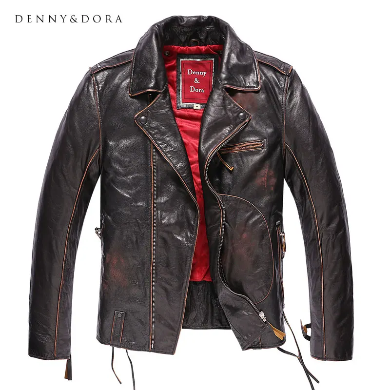 

Denny & Dora Original Pilot Leather Jacket Men Biker Real Genuine Motorcycle Male Vintage Coat Red Lining Notch Lapel Collar