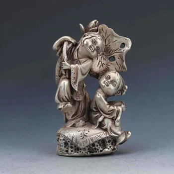 

Collectible Decorated Miao Silver Handwork Carved Girls&Lotus statue