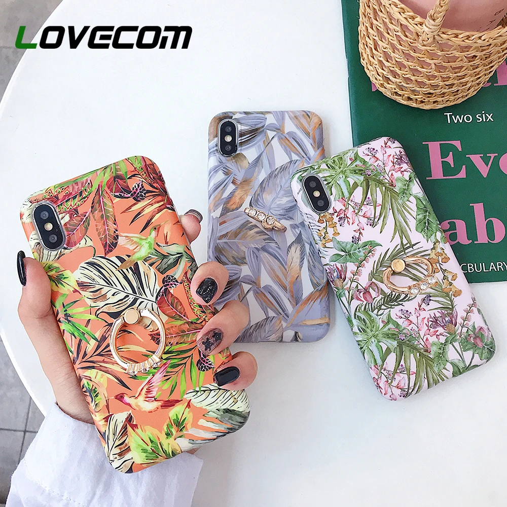 

LOVECOM Vintage Floral Leaf Case Portable Fingering Holder Cover For iPhone XS Max XR X XS 7 8 Plus Phone Protector Matte Shell