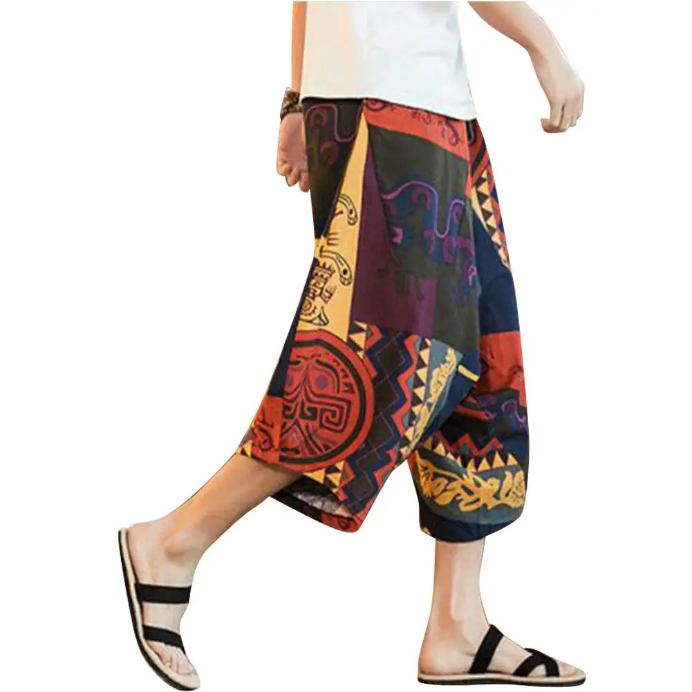 

MISSKY Men Summer Pants Printing Vintage Chinese Style Plus-size Drawstring Haren Pants Casual Slacks Male Clothes
