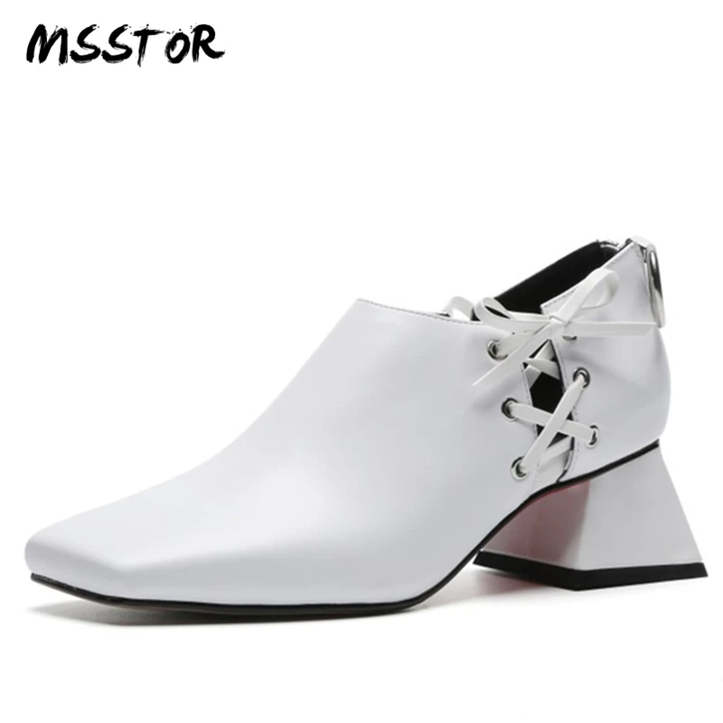 

MSSTOR Butterfly-knot Cross-tied Women Pumps Fashion Hollow White Zipper Casual Square Toe Ankle Boots Strange Style Boots Women