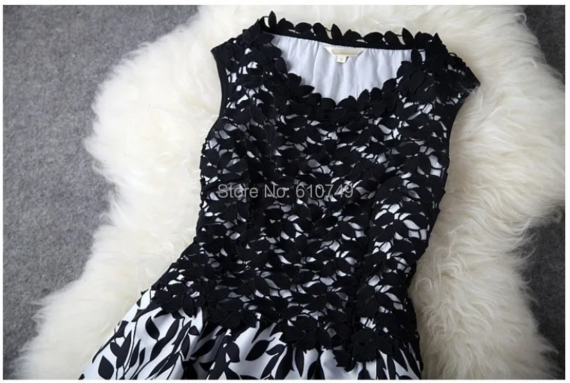 Новая мода вышивка кружева без рукавов Дешевые Плюс размер для женщин черное белое платье Летнее подиумное платье
