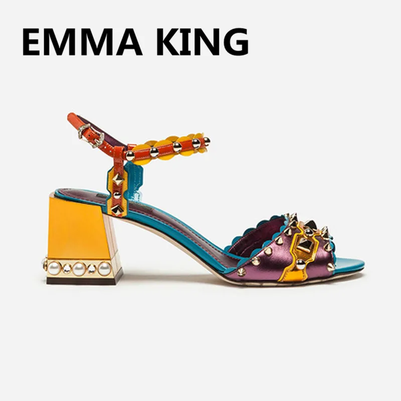 

2019 Fashion Mixed Color Women Gladiator Sandals Open Toe Rivet Pearls Studs Chunky Heel Ladies Party Shoes Woman Wedding Sandal