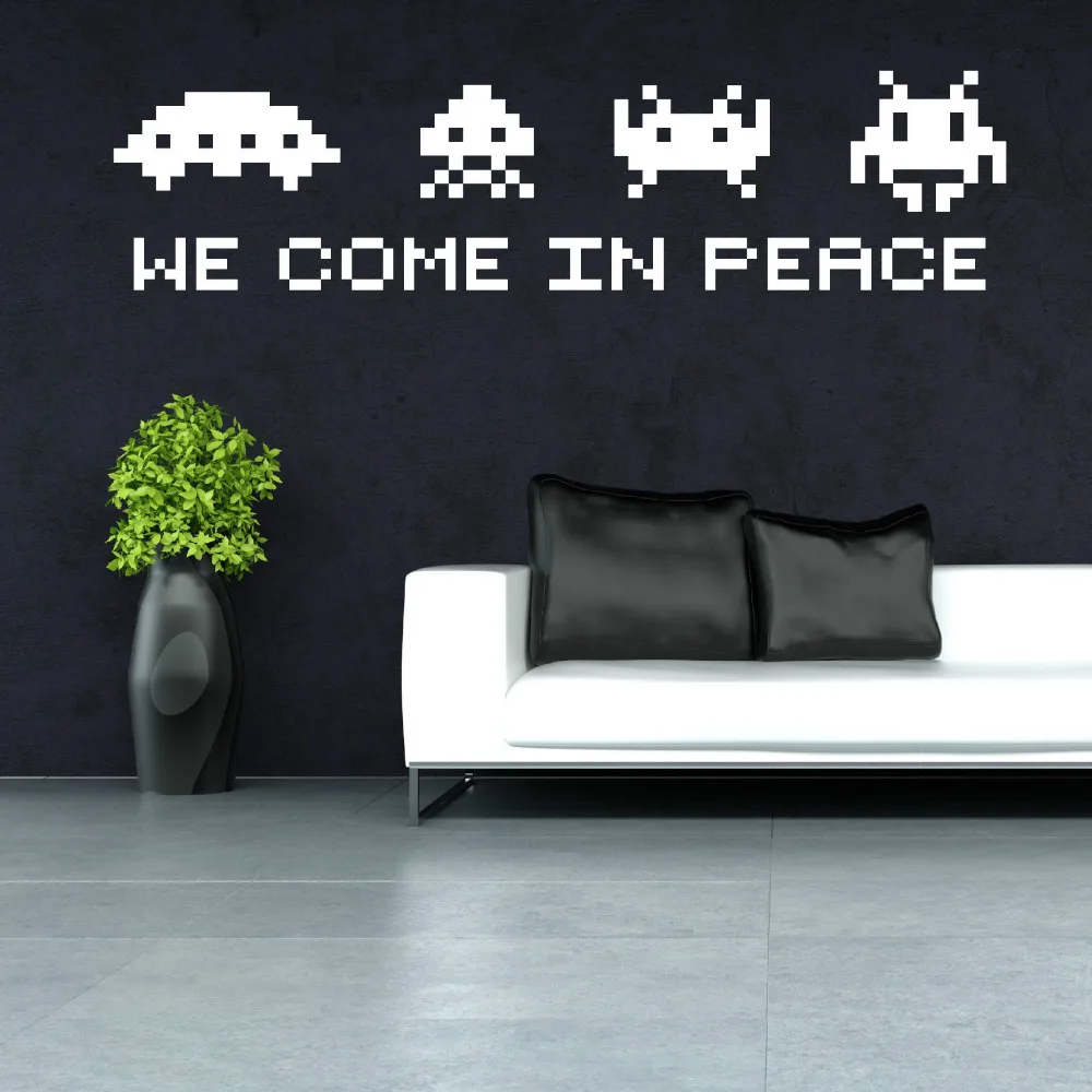 

SPACE INVADERS Wall Art Quote - we come in peace Retro Vinyl Wall Decal STICKER Game SPACE INVADERS Play Room Decor Mural ZB313