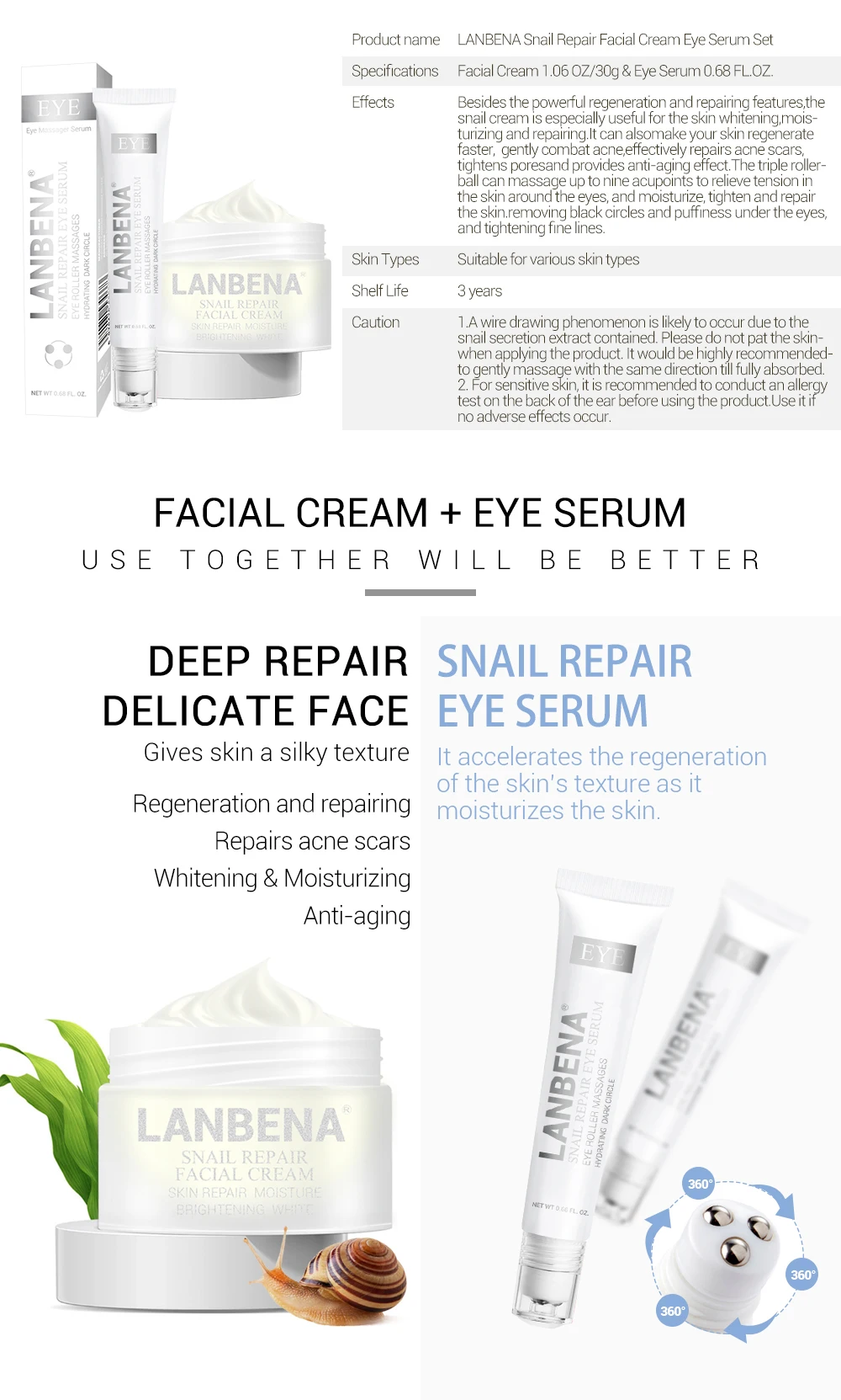 LANBENA Whitening Snail Repair Face Cream+anti Wrinkle Snail Eye Serum Eye Cream Acne Treatment Snail Cream Day Cream 2PCS