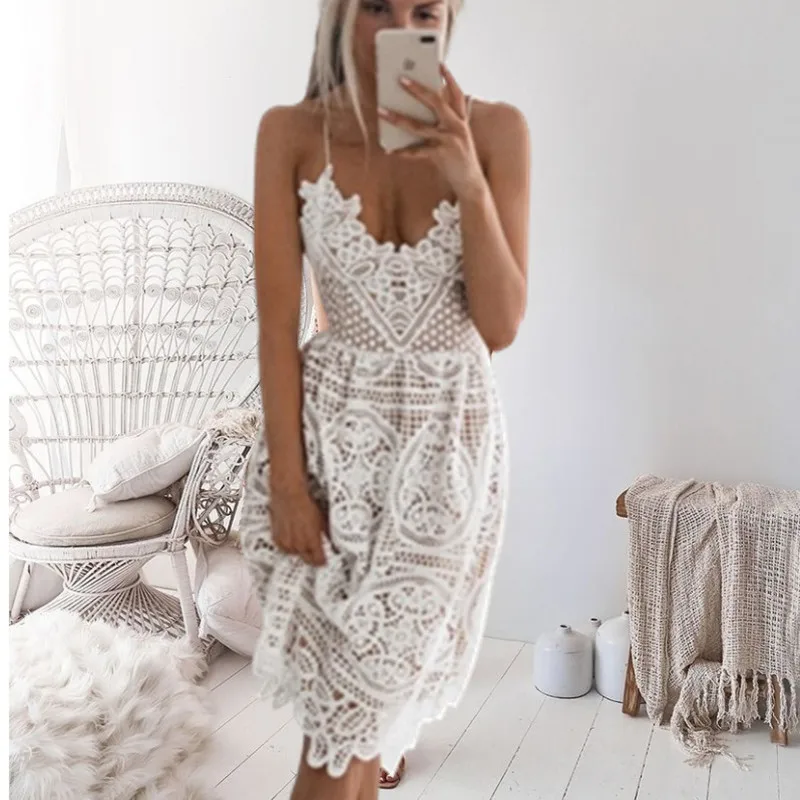 

Sexy Backless Spaghetti Strap Hollow Out Lace Dress Summer Women White Dresses Casual Sundress Vestidos Sleeveless Party Dresses