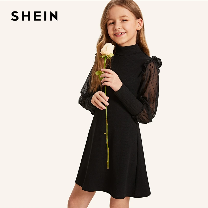 SHEIN/элегантное детское платье для девочек со стоячим воротником и замочной скважиной на спине; коллекция года; летние вечерние платья с рукавами из бараньей кожи с оборками