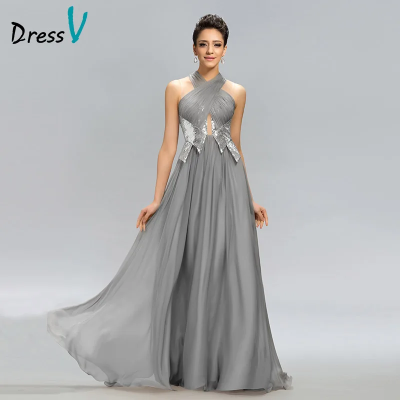 Dressv Hot Sale Long Evening Dress Gray Halter