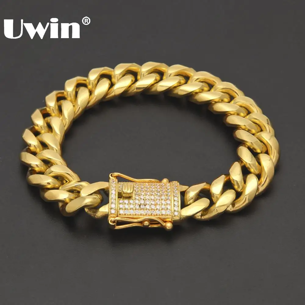 

Uwin Mens Stainless Steel Bracelets 2017 Luxury Zirconia High Quality Triple Lock Clasp Thick Bracelet Charm Hiphop CZ Jewelry