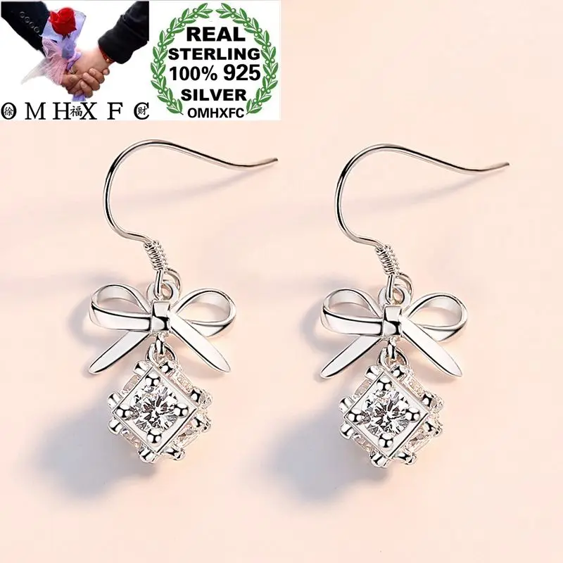 

OMHXFC Wholesale European Fashion Woman Girl Party Birthday Gift Bow Cube Zircon 100% S925 Sterling Silver Drop Earrings EN118