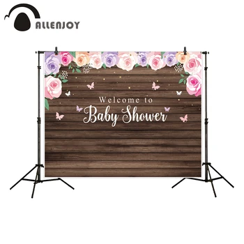

Allenjoy backgrounds for photography studio vintage Wooden board Colorful Flowers butterfly backdrop baby shower photocall